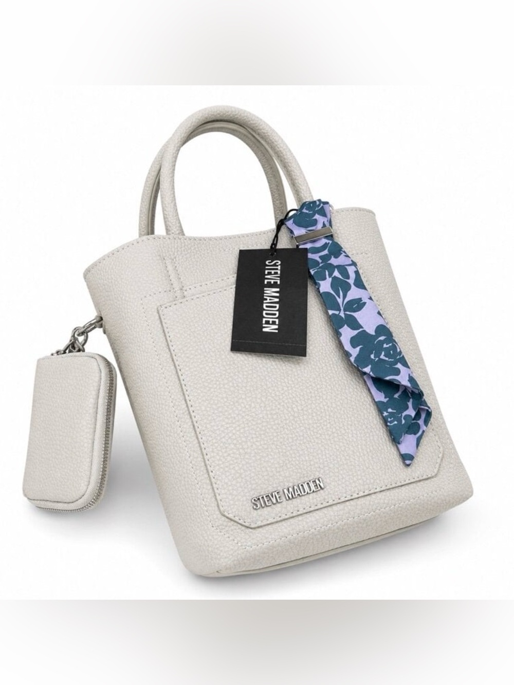 Steve Madden Cream Pebbled Leather Mini Tote with Scarf , crossbody